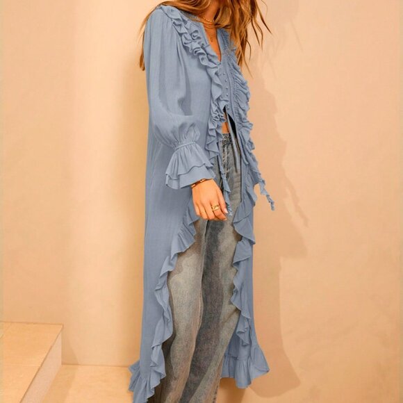 Dusty Blue Casual Women's Long Sleeve Boho Maxi Dress - Picture 7 of 10